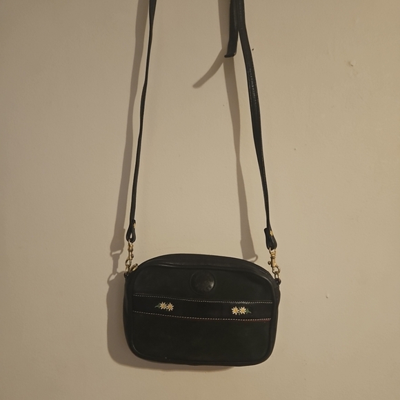 Vintage MICHEL JORDI 5"x7" Cross Body / Belt Purse Green Suede Black Leather - Picture 1 of 12
